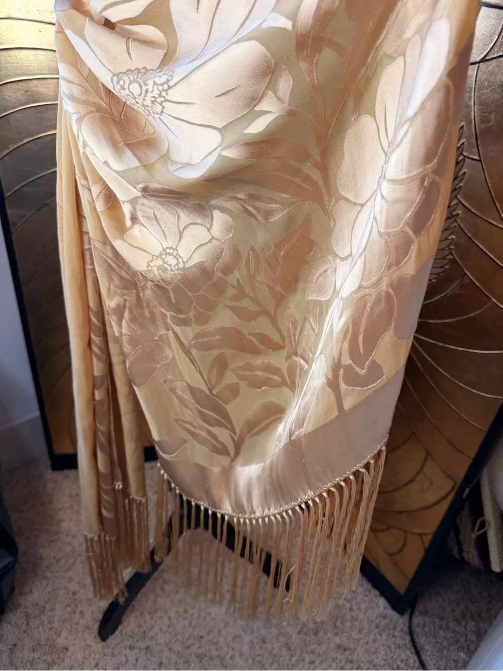 Vintage Silk Floral Fringe Scarf in Champagne Gold